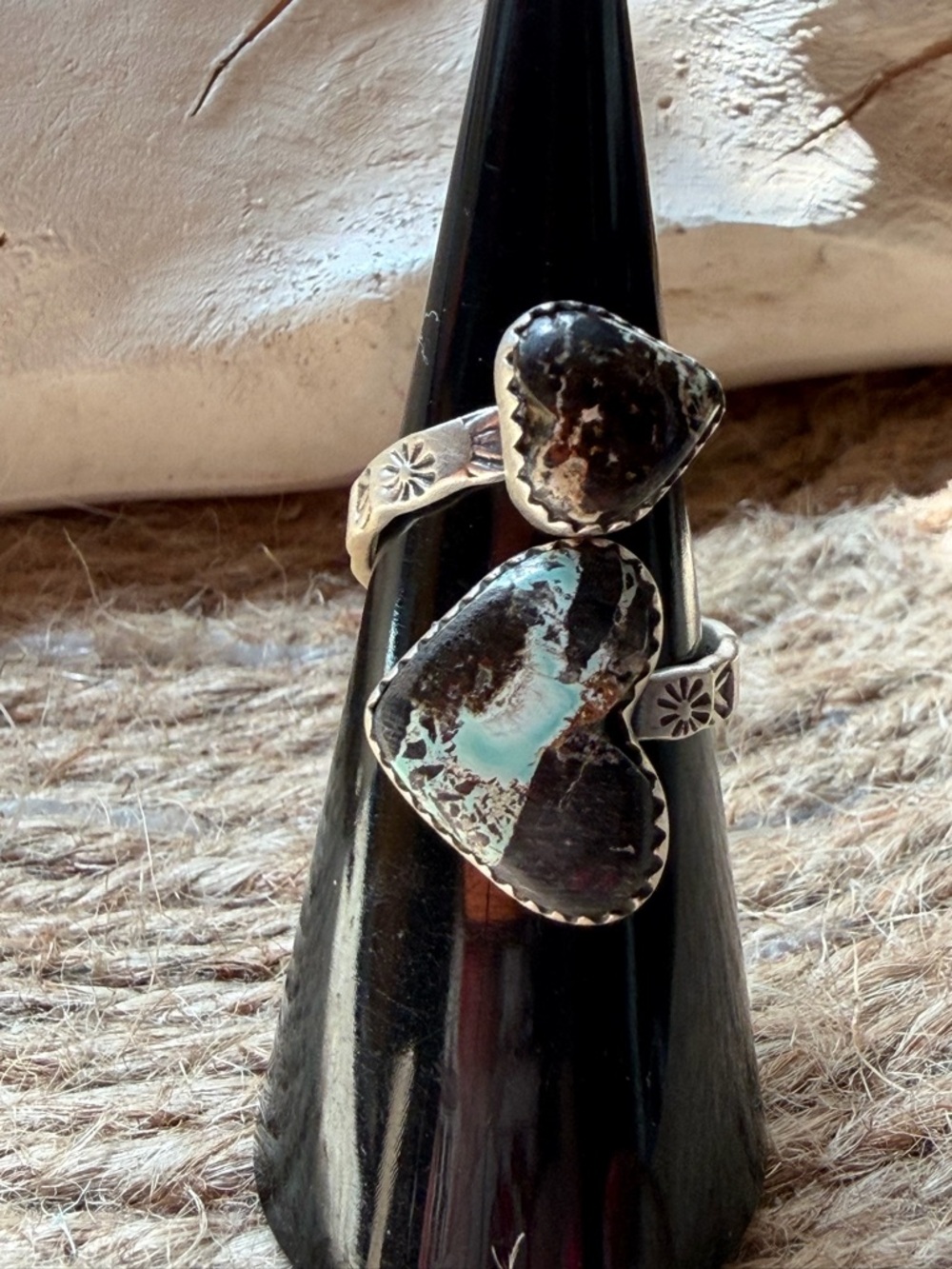 Black Jack Turquoise Heart Double-Stack bypass Sterling Silver Ring